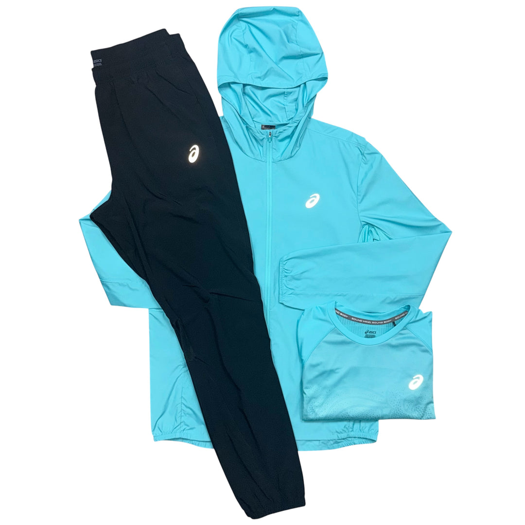 ASICS Core Jacket, Faded T-Shirt & Core Pants ‘Aqua Blue / Black’