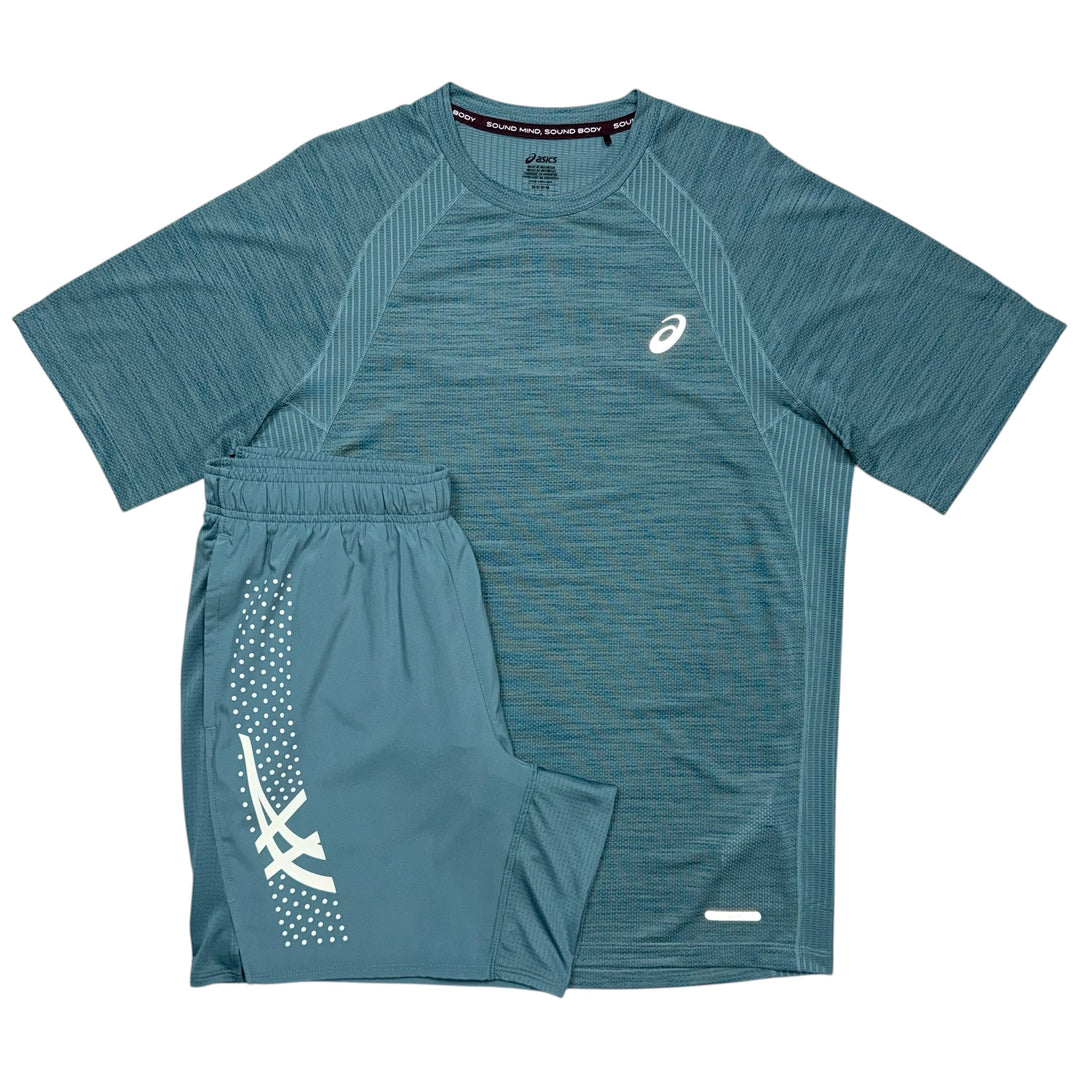ASICS Icon Jacket, Road T-Shirt & 7in Icon Shorts ‘Foggy Teal’