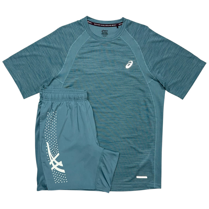ASICS Icon Jacket, Road T-Shirt & 7in Icon Shorts ‘Foggy Teal’