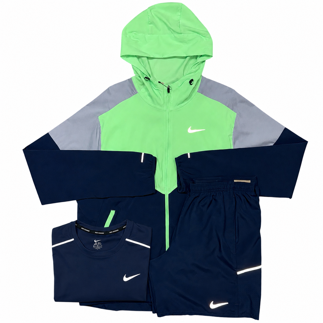 Nike Windrunner, Miler T-Shirt & 7in Miler Shorts ‘Green / Navy’