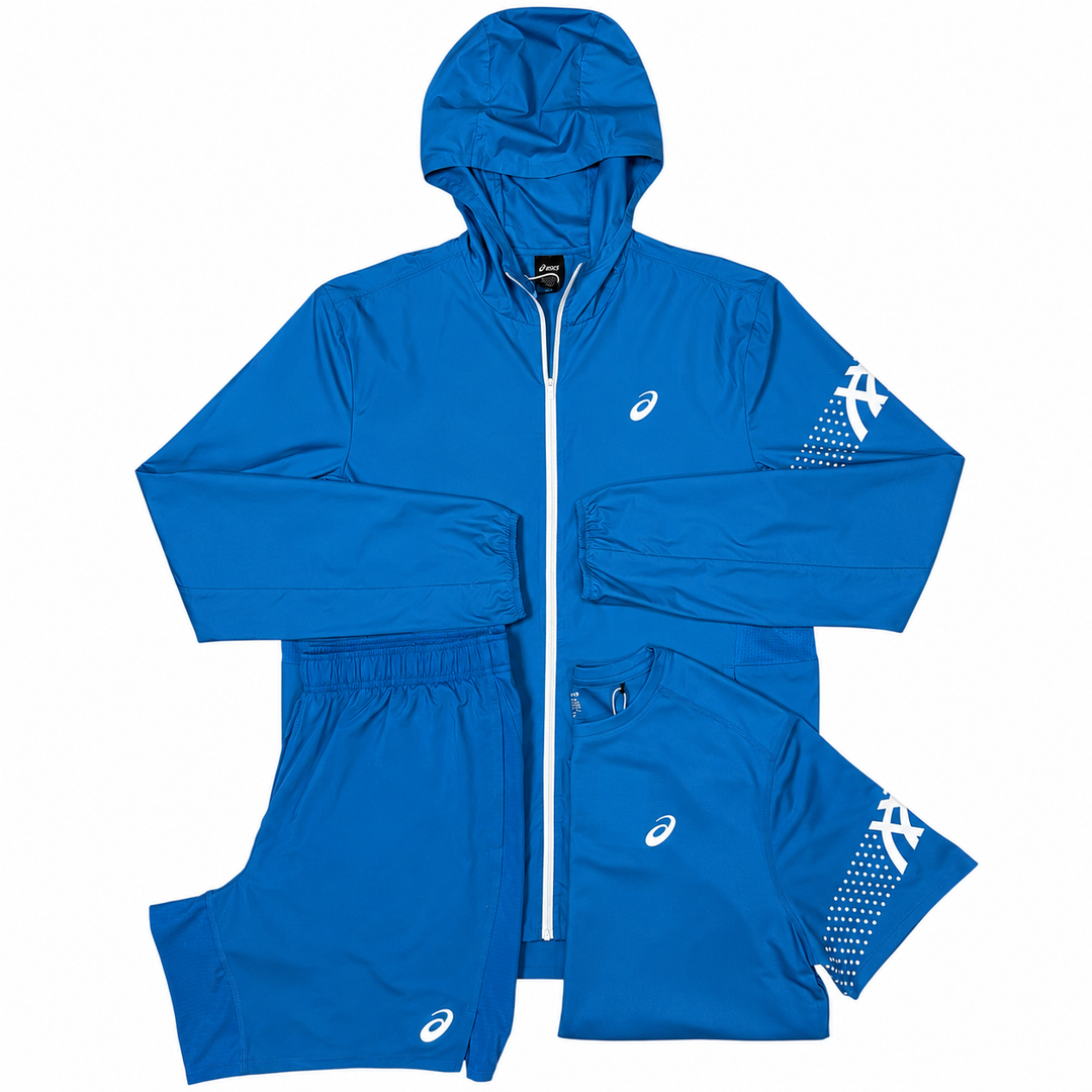 ASICS Icon Jacket, Icon T-Shirt & 7in Icon Shorts ‘Blue’