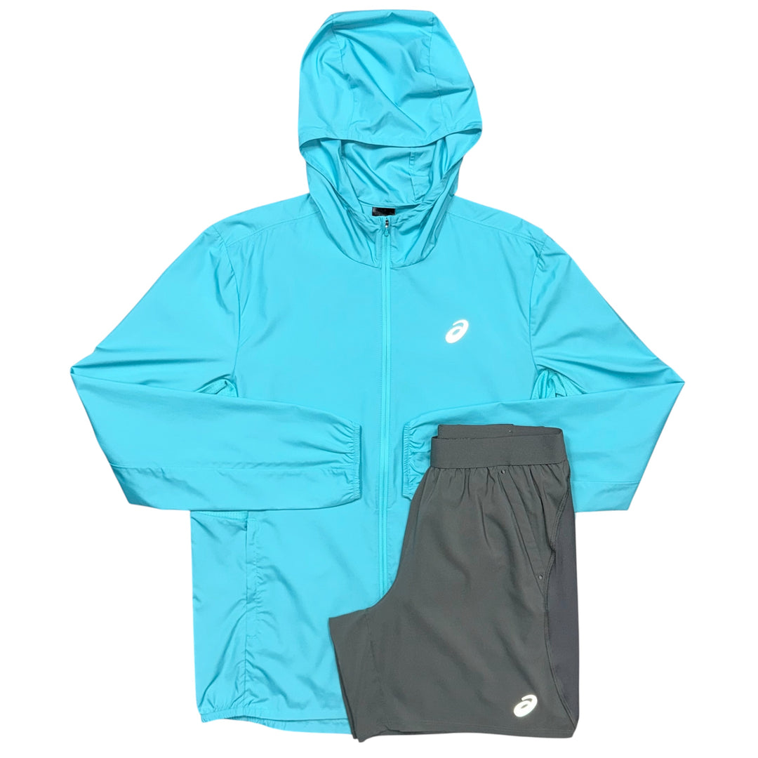 ASICS Core Jacket & 7in Run Shorts ‘Aqua Blue / Truffle Grey’