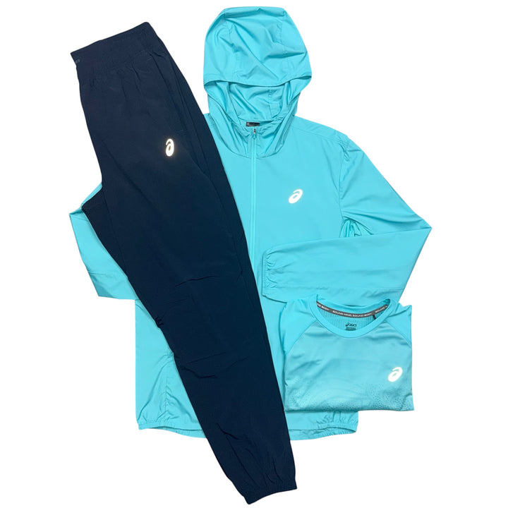 ASICS Core Jacket, Faded T-Shirt & Core Pants ‘Aqua Blue / Navy’