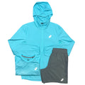 ASICS Core Jacket, Faded T-Shirt & 7in Run Shorts in Aqua Blue / Truffle Grey