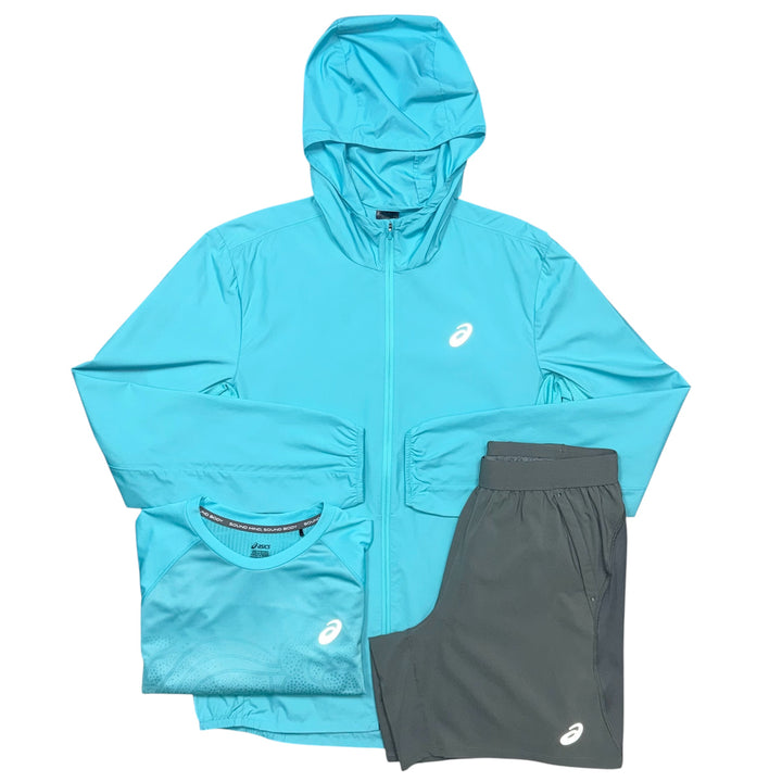 ASICS Core Jacket, Faded T-Shirt & 7in Run Shorts ‘Aqua Blue / Truffle Grey’