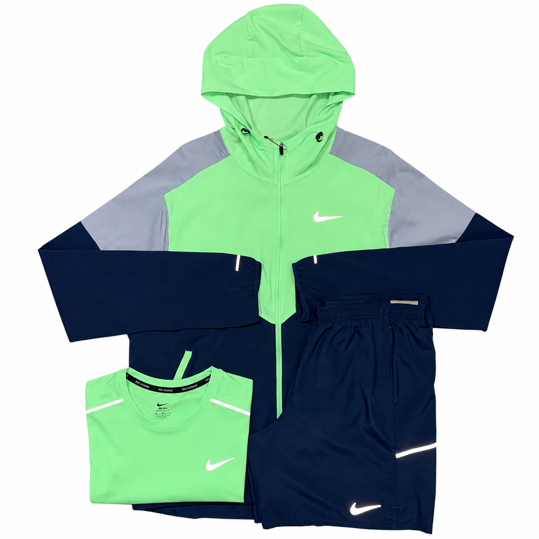 Nike Windrunner, Miler T-Shirt & 7in Miler Shorts ‘Green / Navy’
