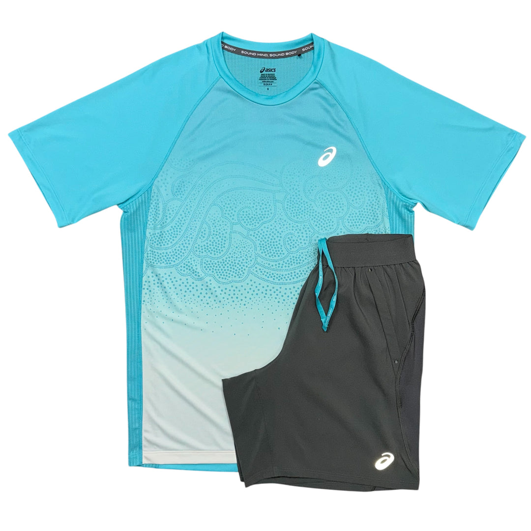 ASICS Faded T-Shirt & 7in Run Shorts ‘Aqua Blue / Truffle Grey’
