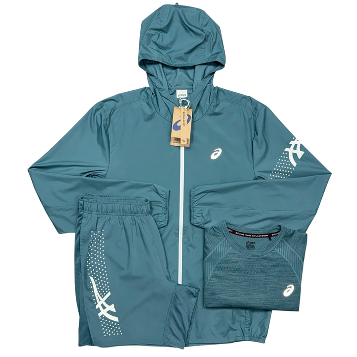 ASICS Icon Jacket, Road T-Shirt & 7in Icon Shorts ‘Foggy Teal’