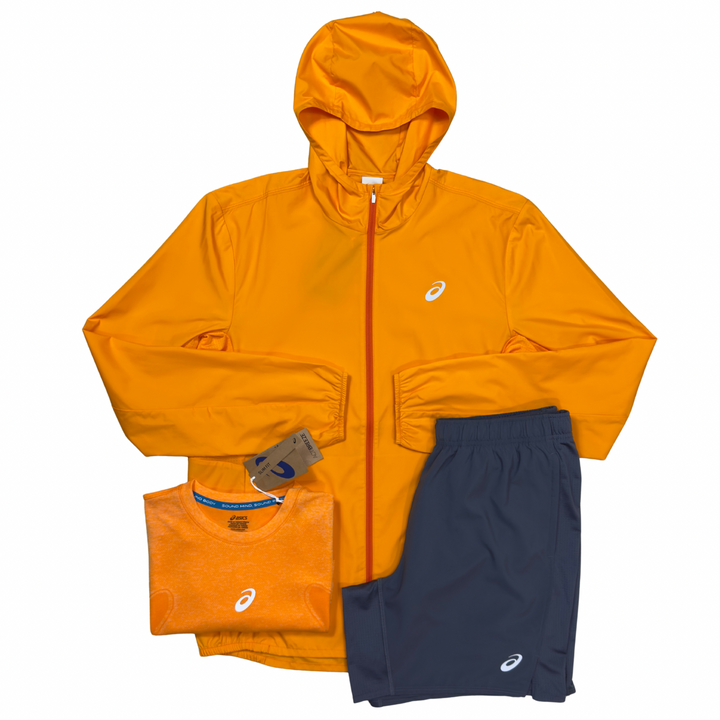 ASICS Core Jacket, Seamless T-Shirt & 7in Shorts ‘Safety Orange / Grey’